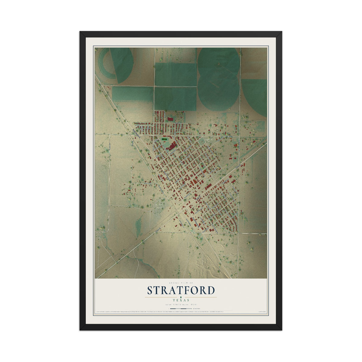 Map of Stratford, Texas, 12 x 18 inch print in a black wood frame
