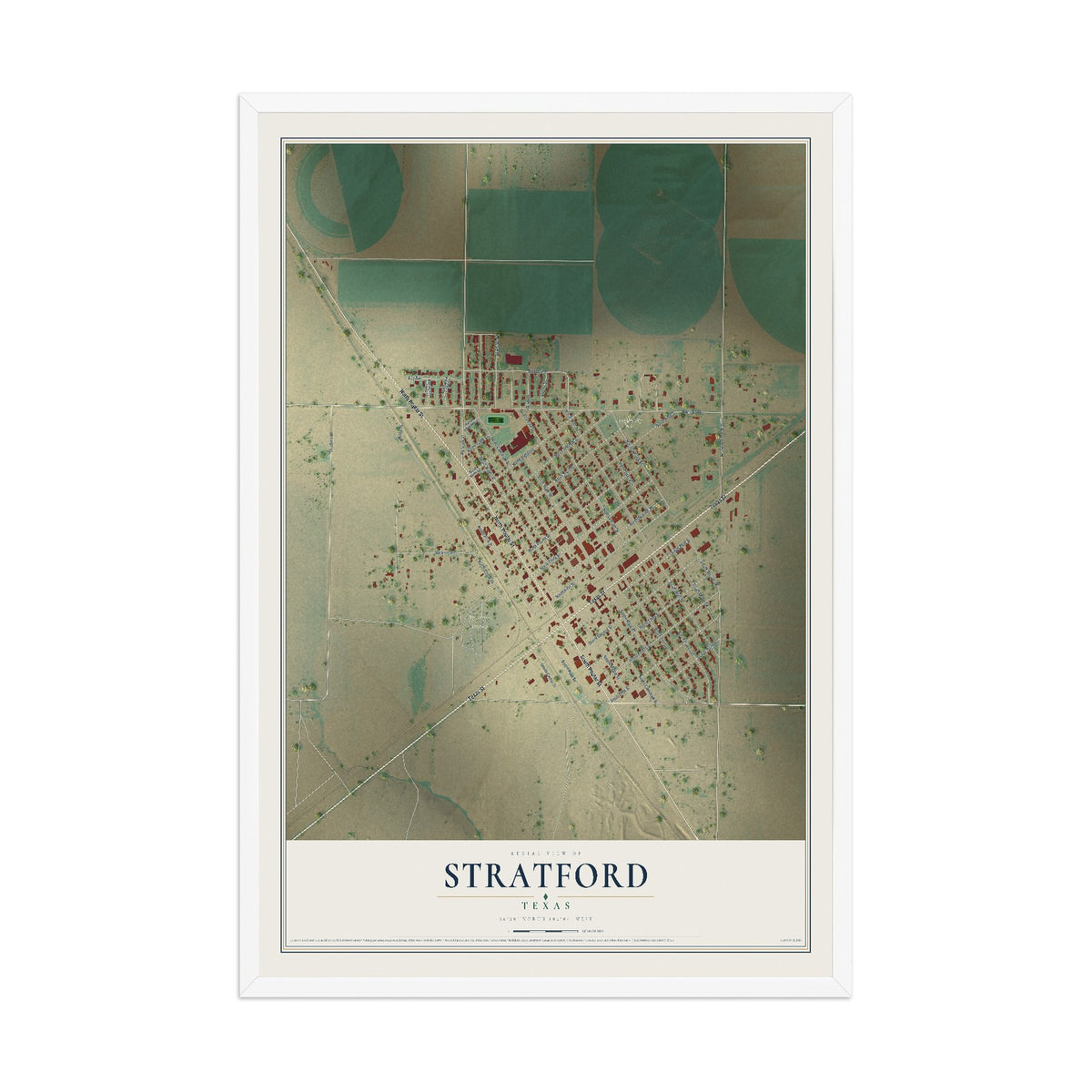 Map of Stratford, Texas, 12 x 18 inch print in a white wood frame