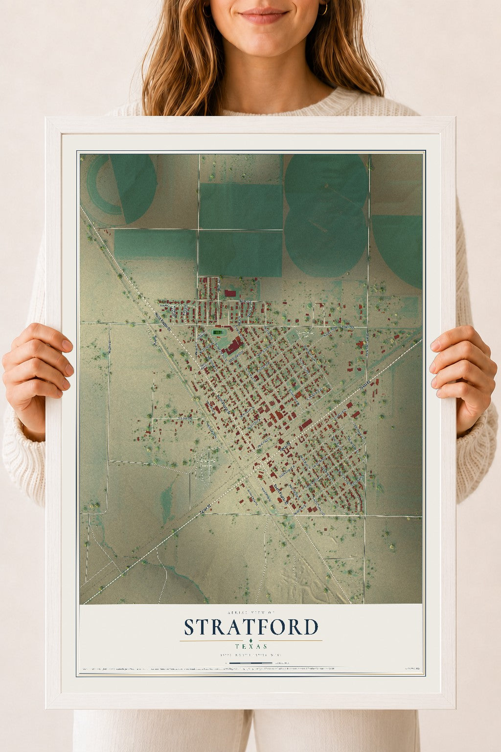 Map of Stratford, Texas, 18 x 24 inch print in a white wood frame