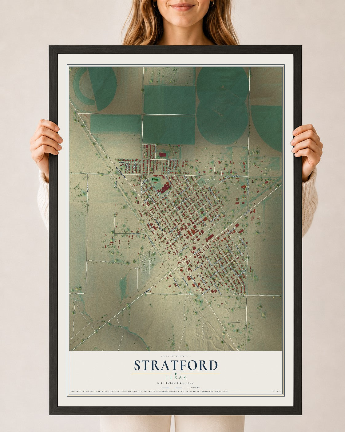 Map of Stratford, Texas, 24 x 36 inch print in a black wood frame
