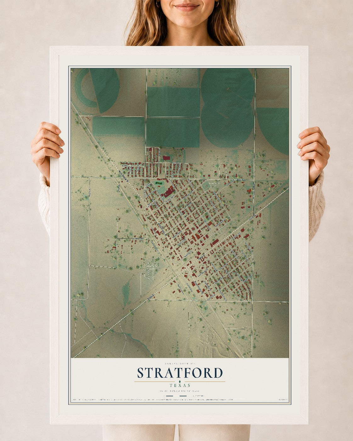 Map of Stratford, Texas, 24 x 36 inch print in a white wood frame