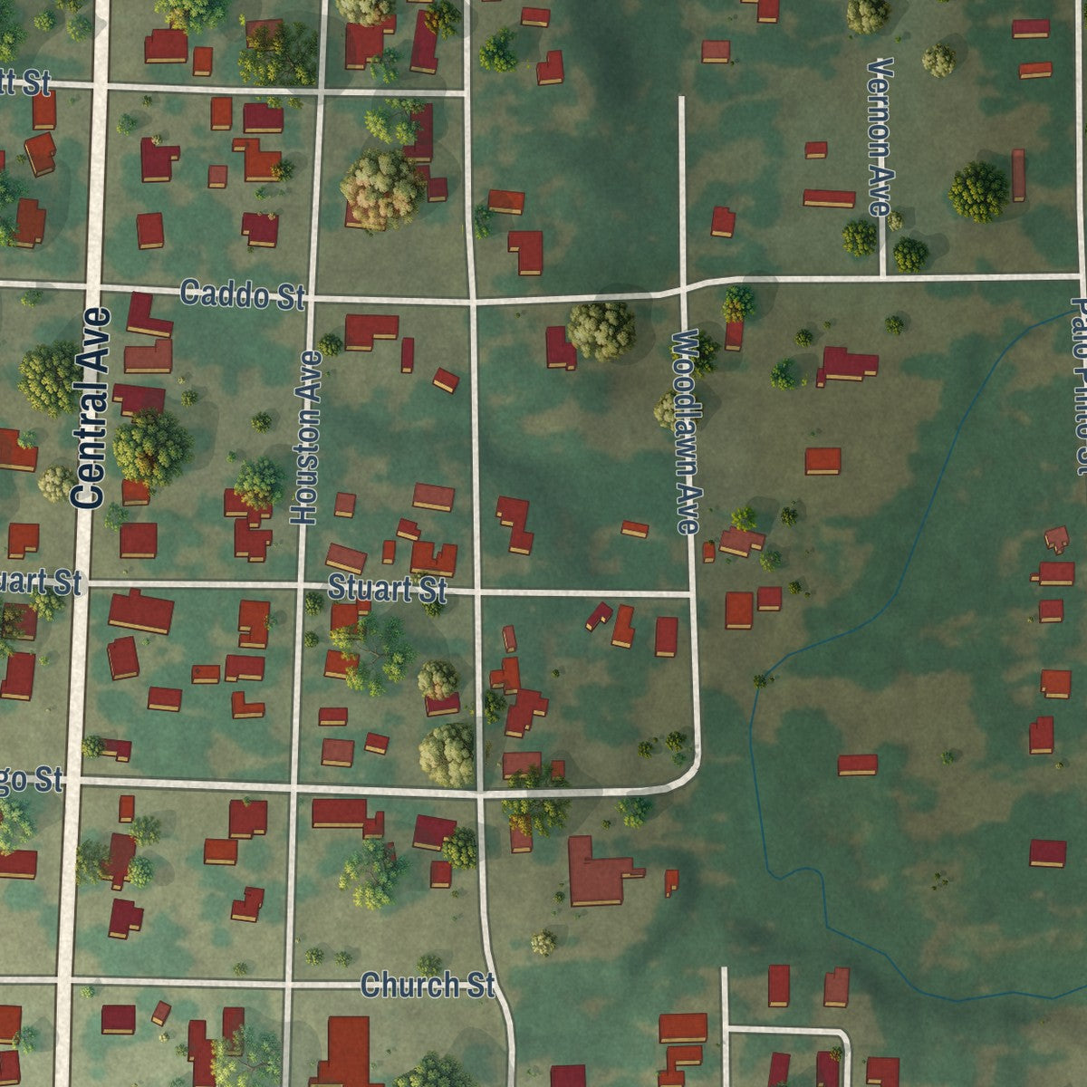 Second close-up of the map of Strawn, Texas print showing more streets and buildings