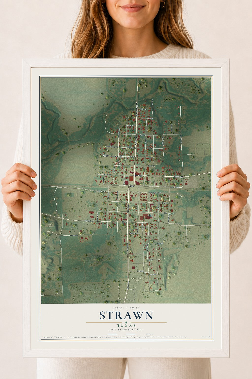 Map of Strawn, Texas, 18 x 24 inch print in a white wood frame