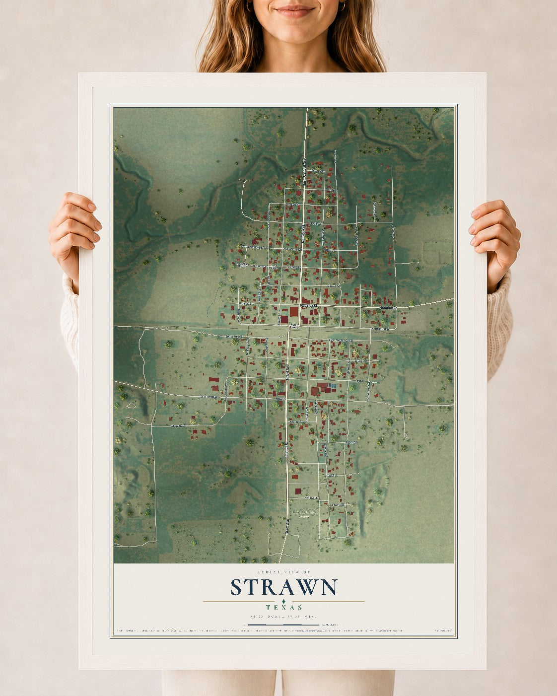 Map of Strawn, Texas, 24 x 36 inch print in a white wood frame