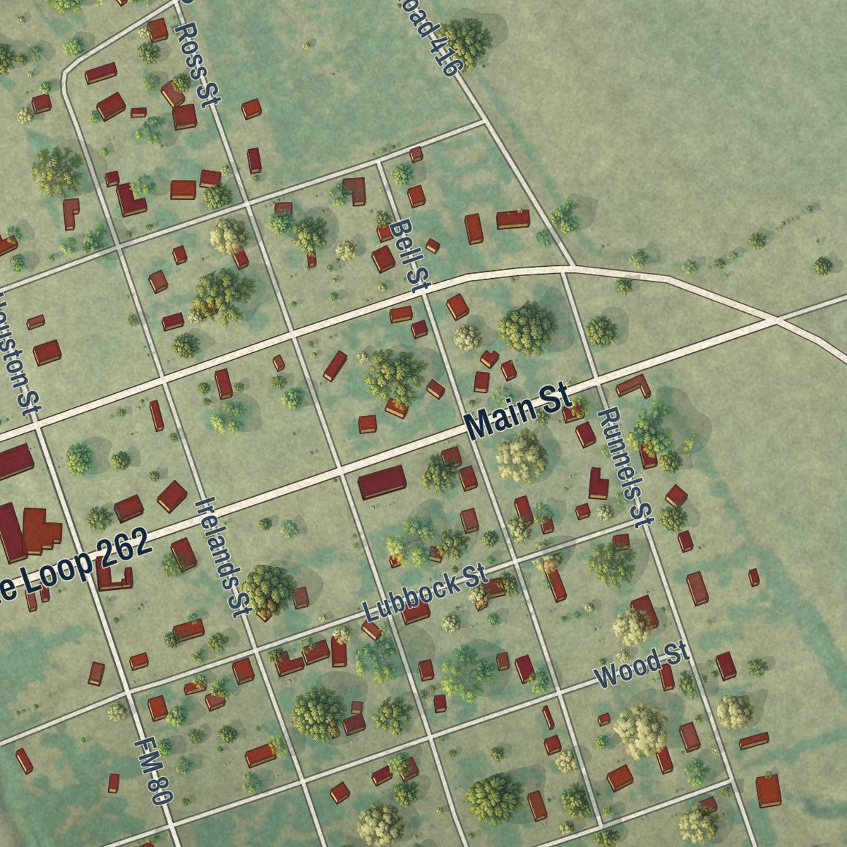 Close-up of the map of Streetman, Texas print showing street and building detail