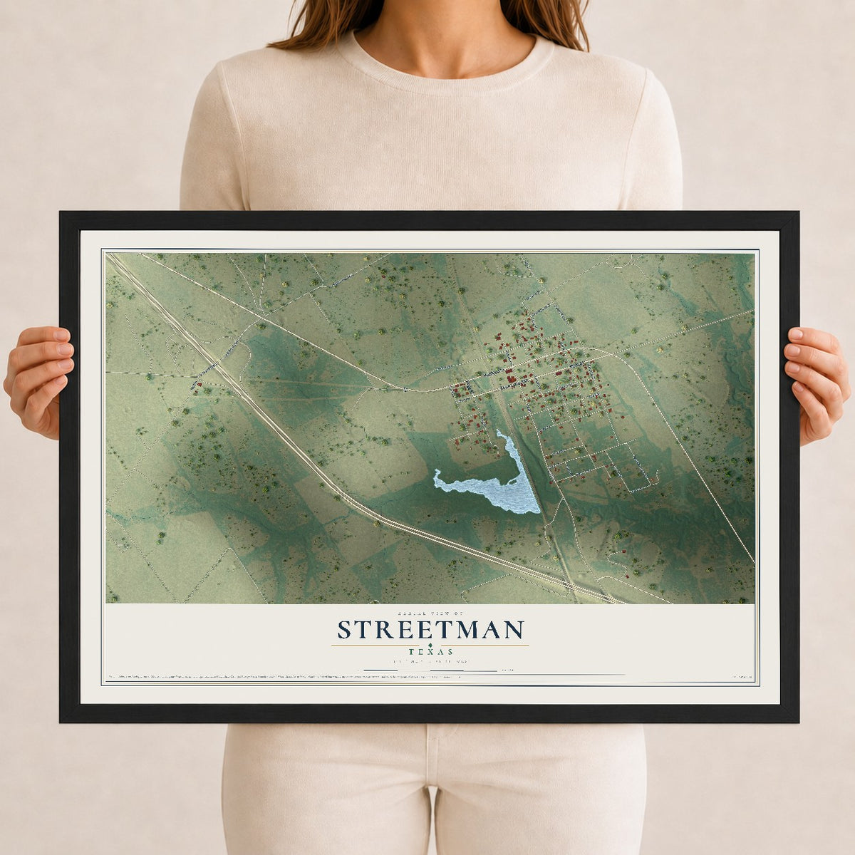 Map of Streetman, Texas, 12 x 18 inch print in a black wood frame