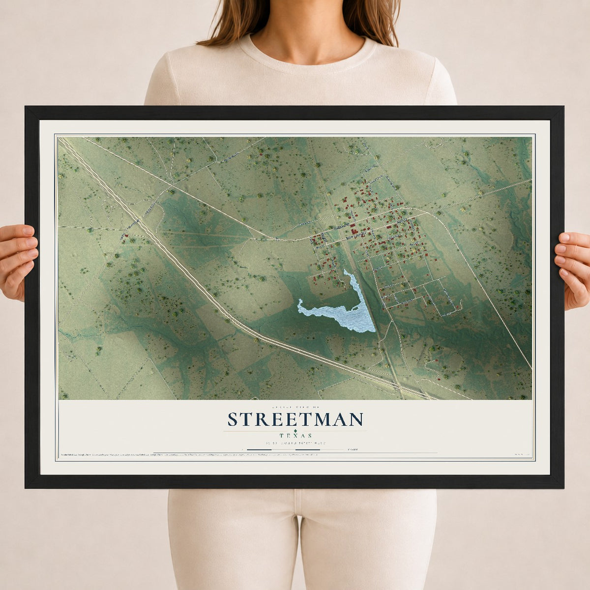 Map of Streetman, Texas, 18 x 24 inch print in a black wood frame