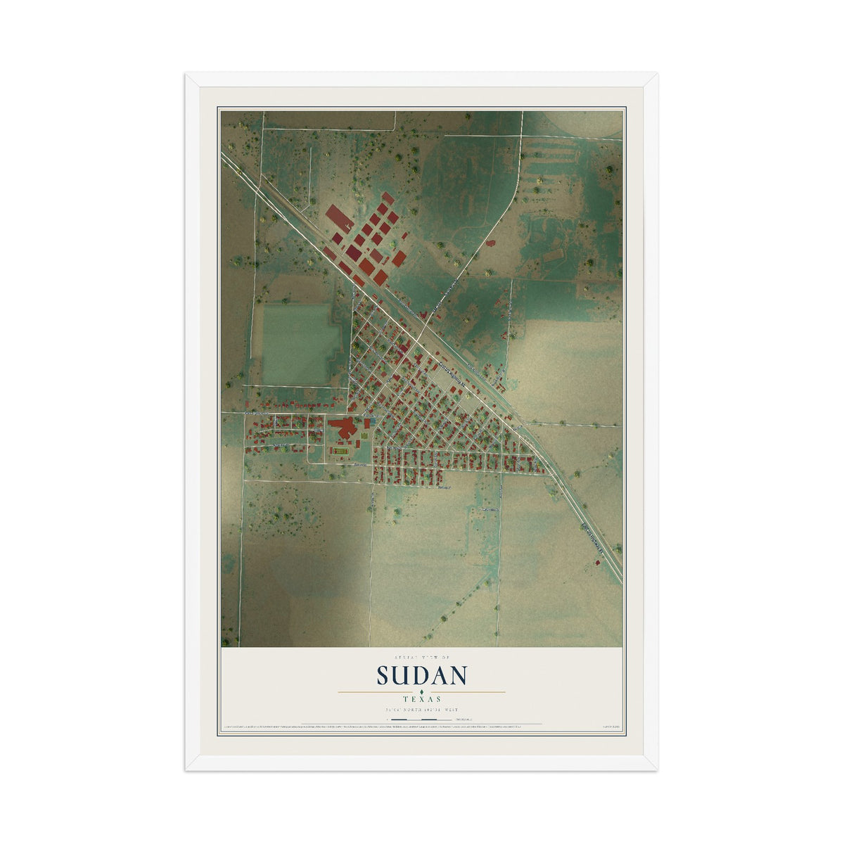 Map of Sudan, Texas, 12 x 18 inch print in a white wood frame