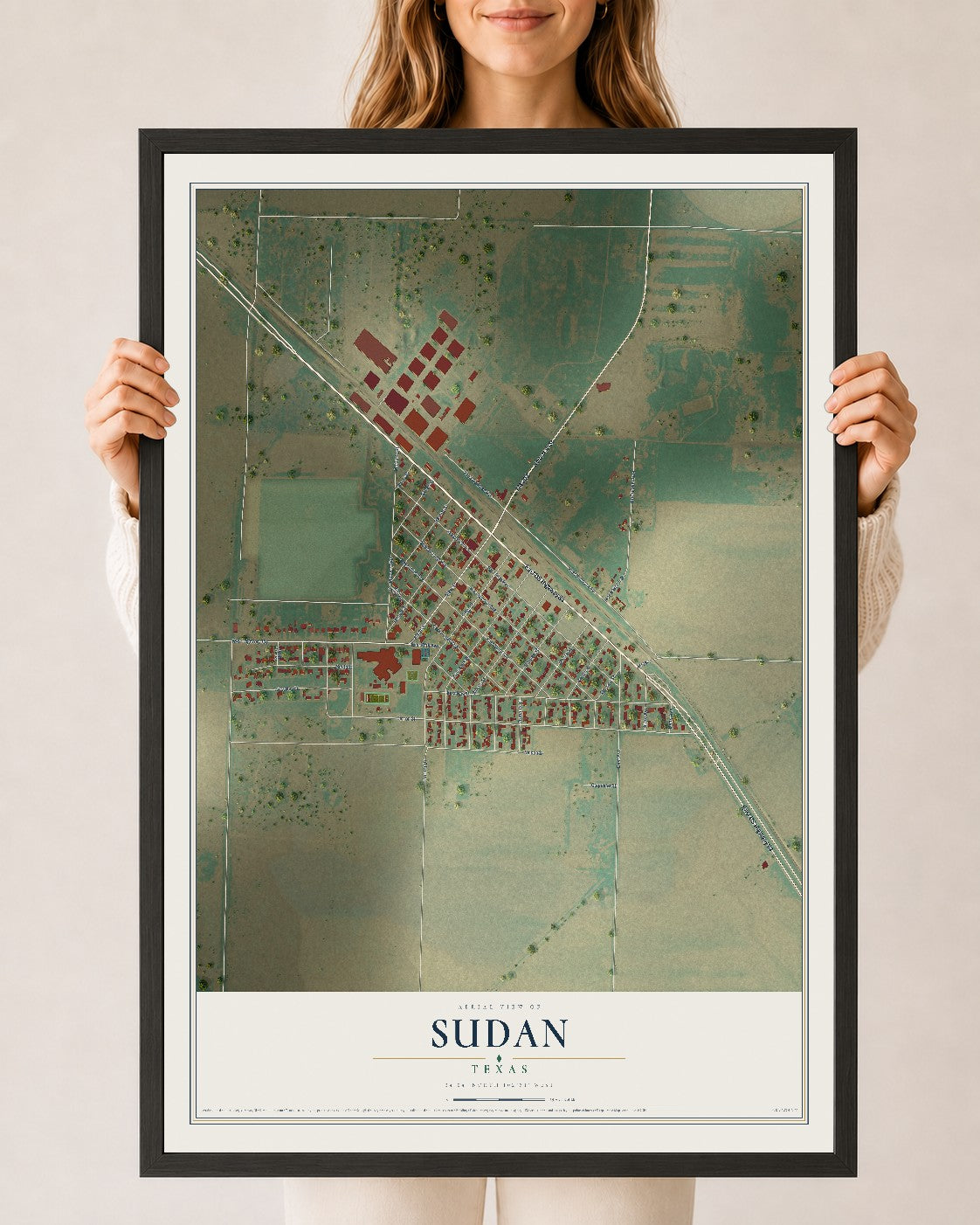 Map of Sudan, Texas, 24 x 36 inch print in a black wood frame