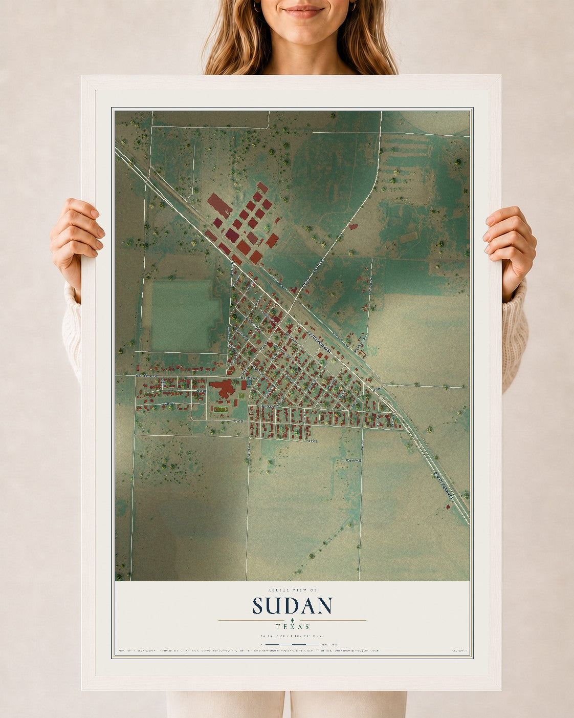 Map of Sudan, Texas, 24 x 36 inch print in a white wood frame