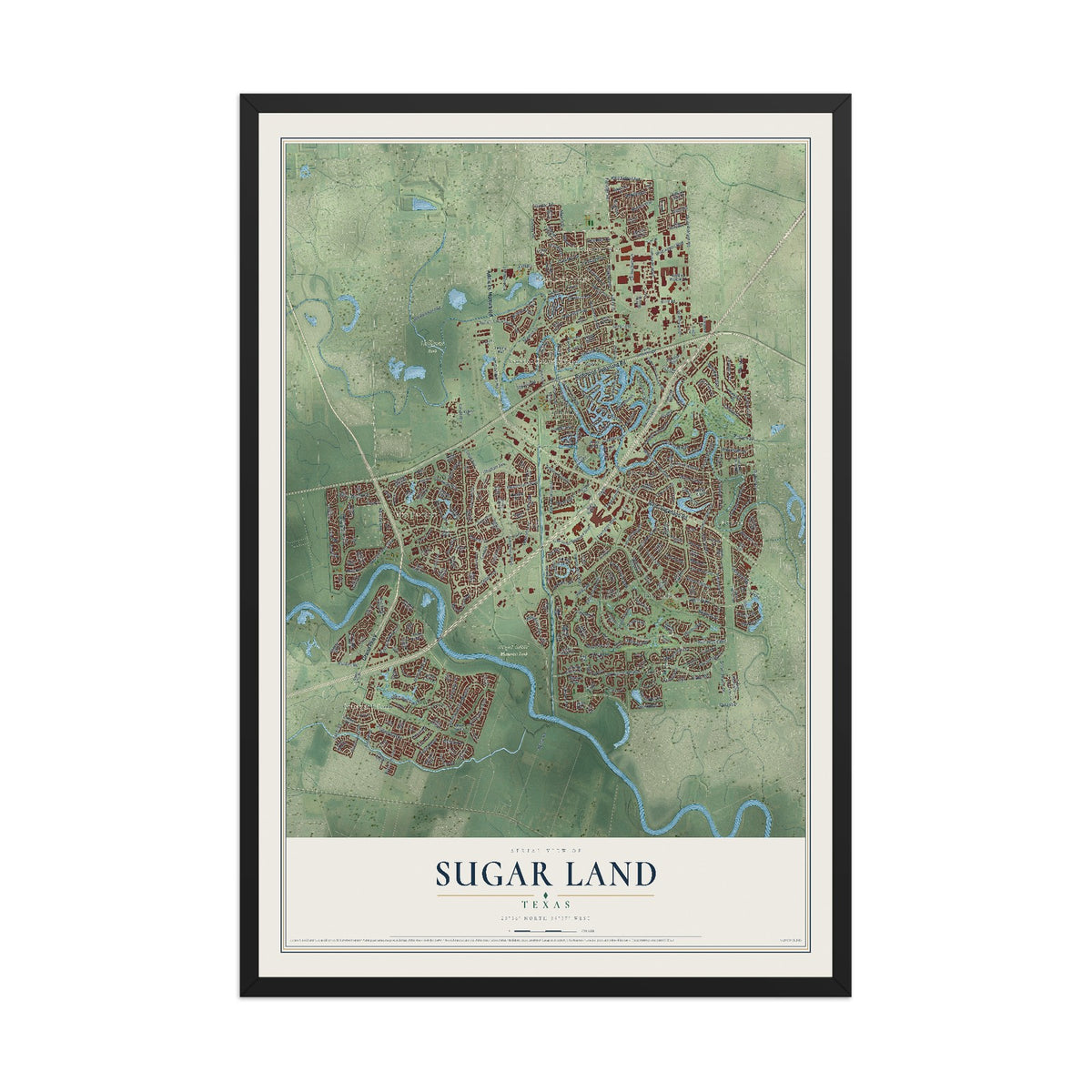 Map of Sugar Land, Texas, 12 x 18 inch print in a black wood frame