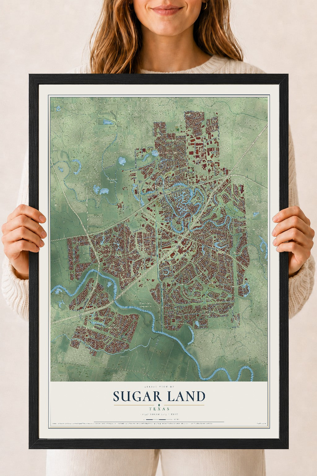 Map of Sugar Land, Texas, 18 x 24 inch print in a black wood frame