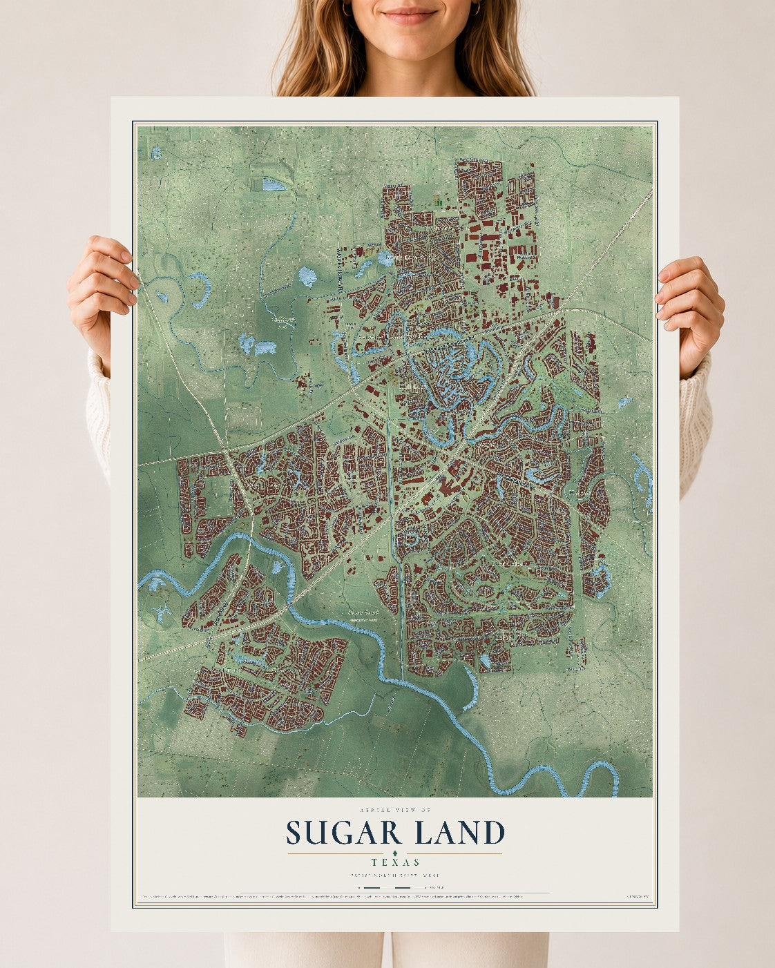 Map of Sugar Land, Texas, 24 x 36 inch unframed archival matte print