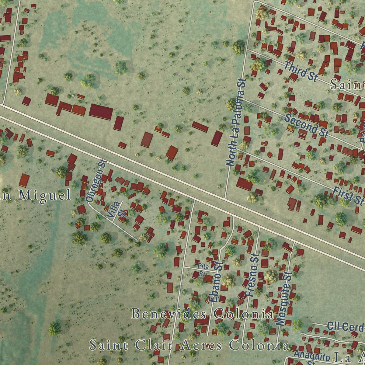 Second close-up of the map of Sullivan City, Texas print showing more streets and buildings