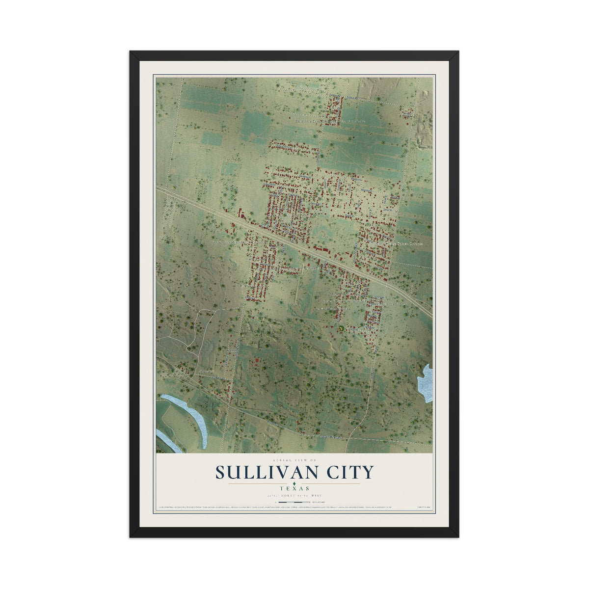Map of Sullivan City, Texas, 12 x 18 inch print in a black wood frame