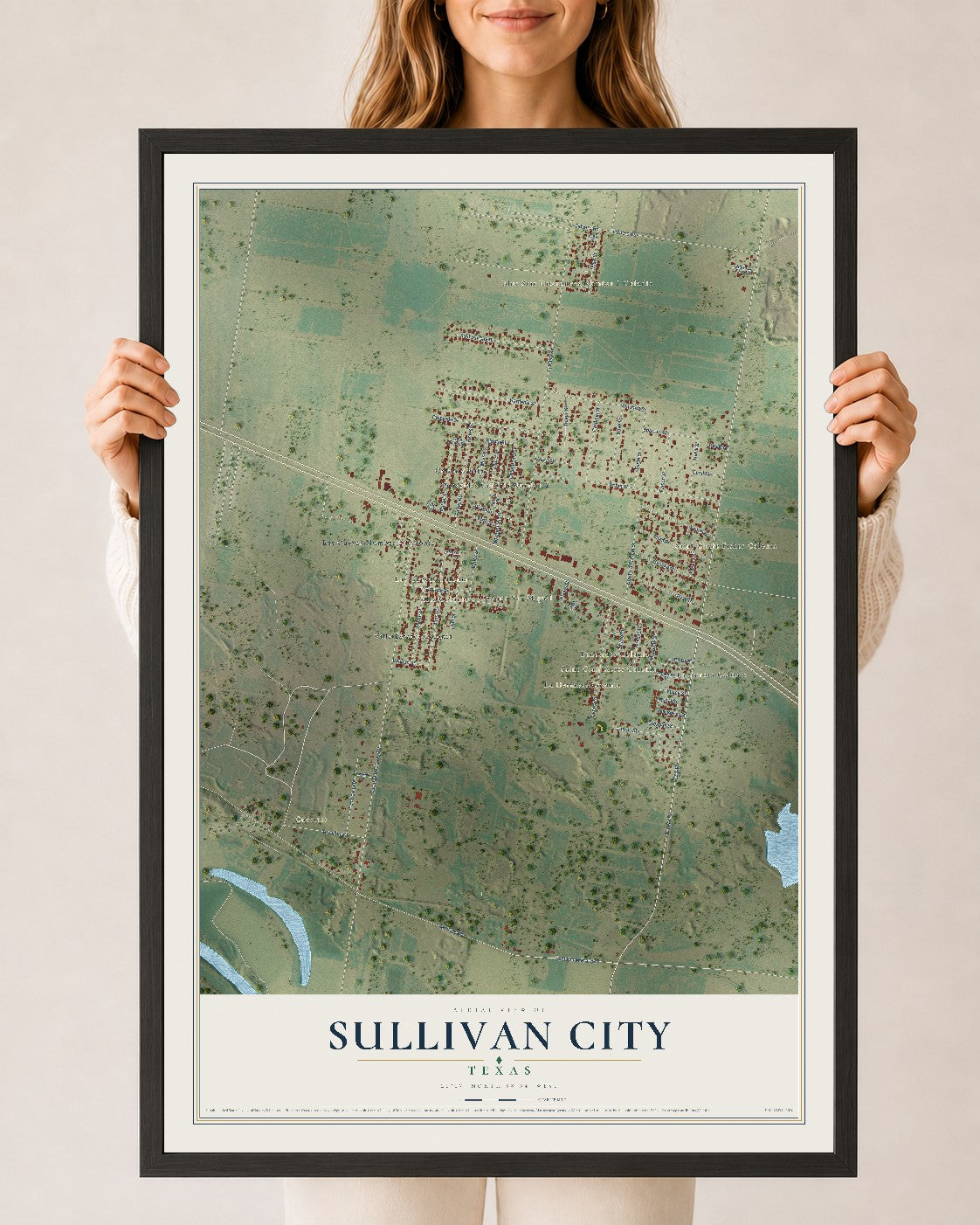 Map of Sullivan City, Texas, 24 x 36 inch print in a black wood frame