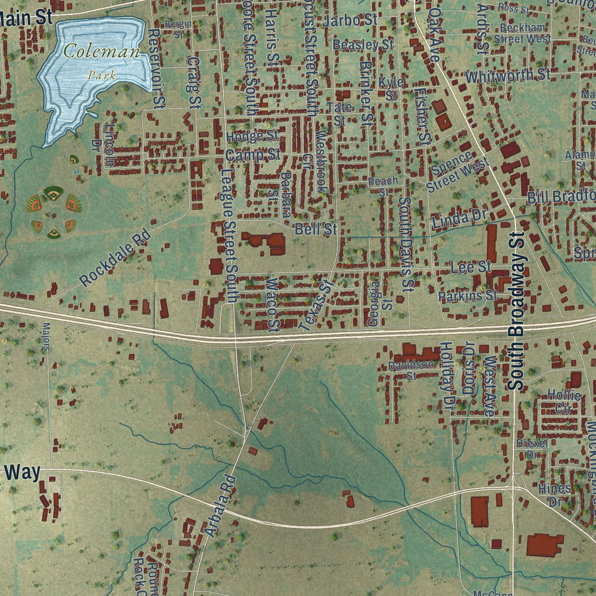 Close-up of the map of Sulphur Springs, Texas print showing street and building detail