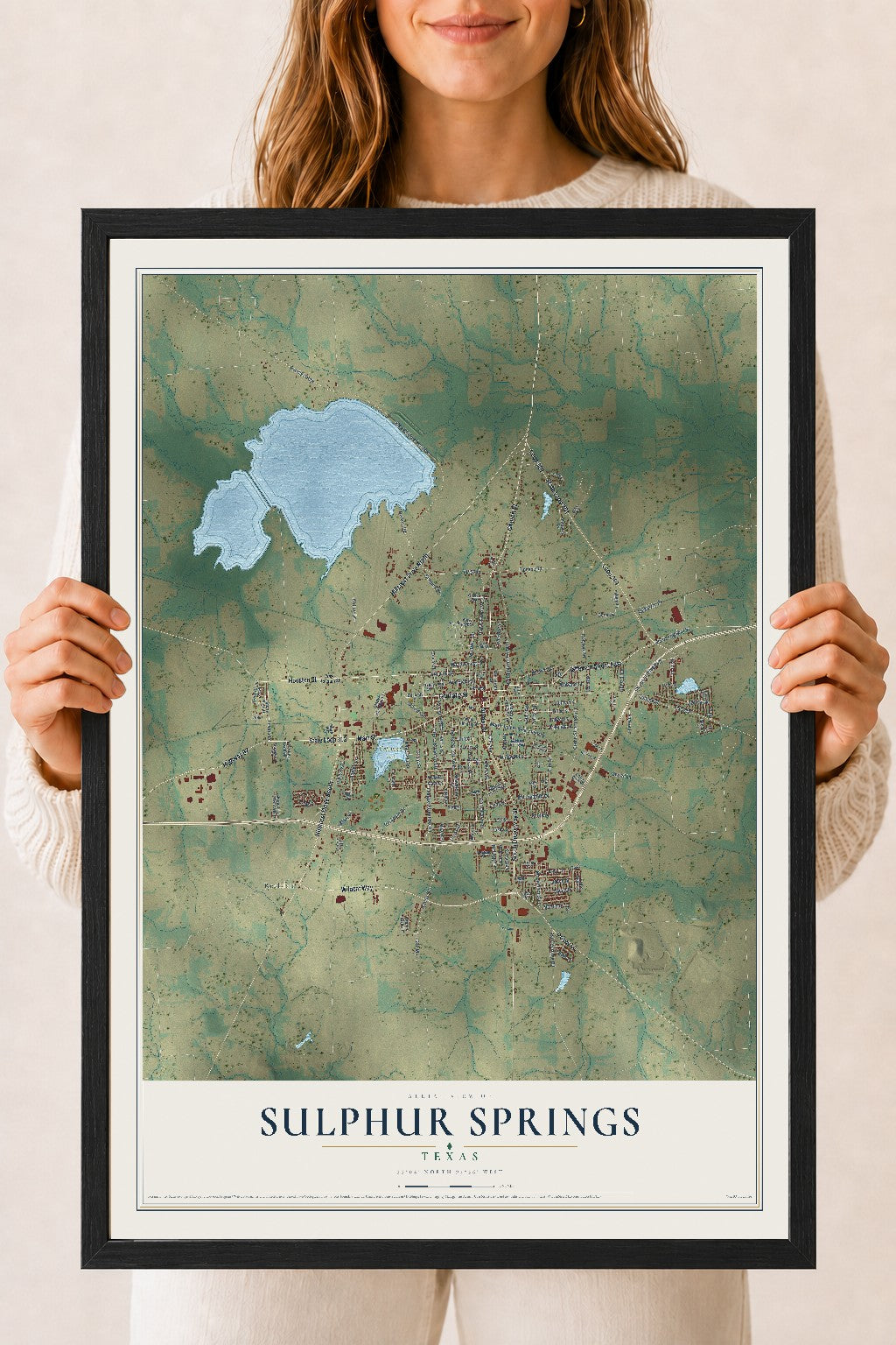 Map of Sulphur Springs, Texas, 18 x 24 inch print in a black wood frame