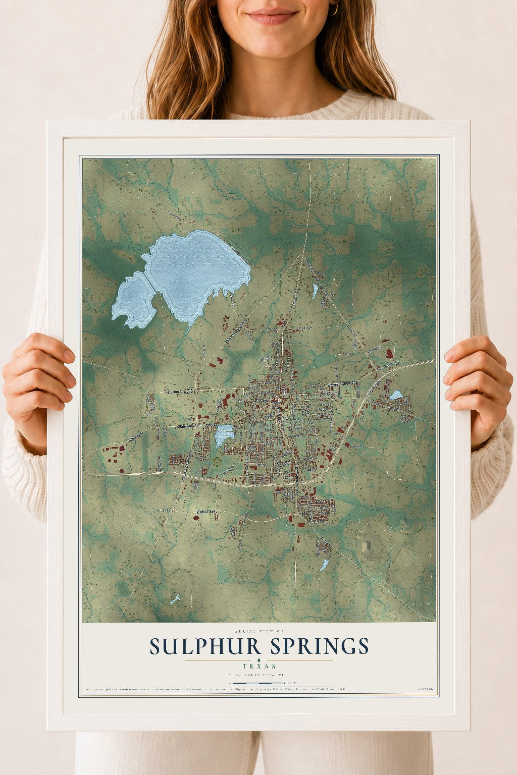 Map of Sulphur Springs, Texas, 18 x 24 inch print in a white wood frame