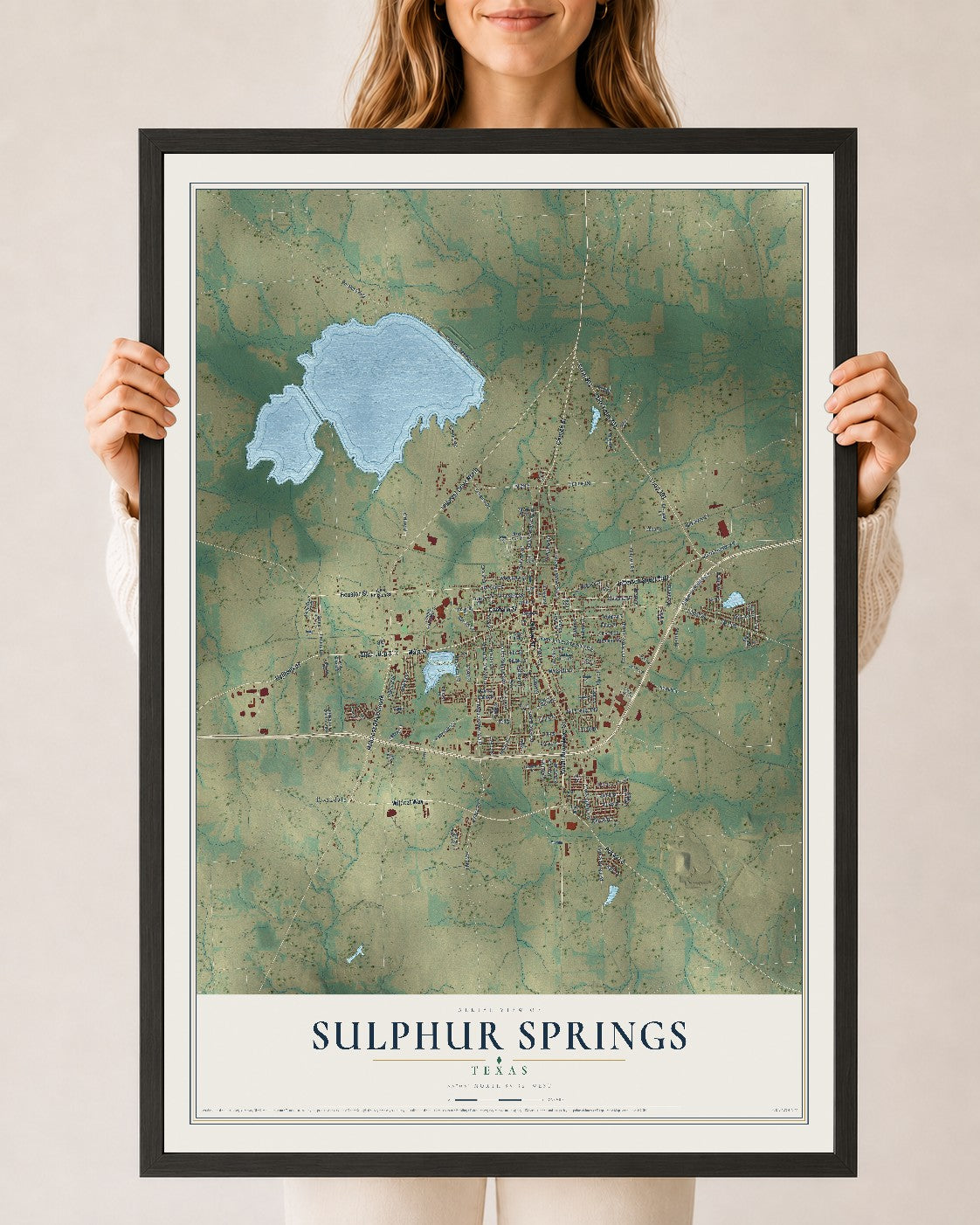Map of Sulphur Springs, Texas, 24 x 36 inch print in a black wood frame