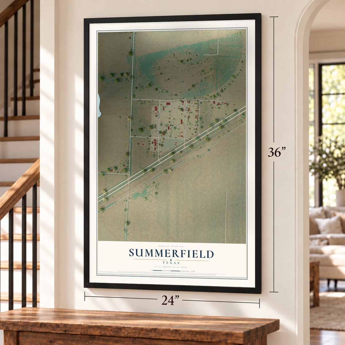 Summerfield, Texas map, 24 x 36 inch print in a black frame by a staircase