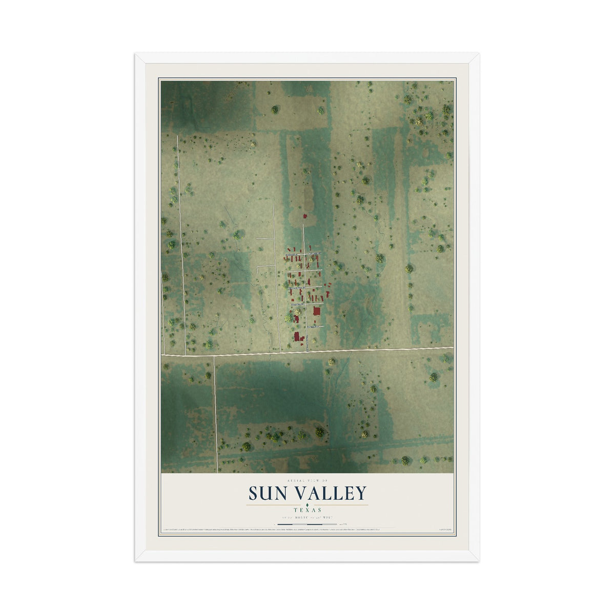 Map of Sun Valley, Texas, 12 x 18 inch print in a white wood frame