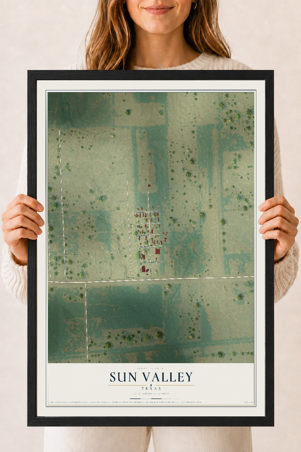 Map of Sun Valley, Texas, 18 x 24 inch print in a black wood frame