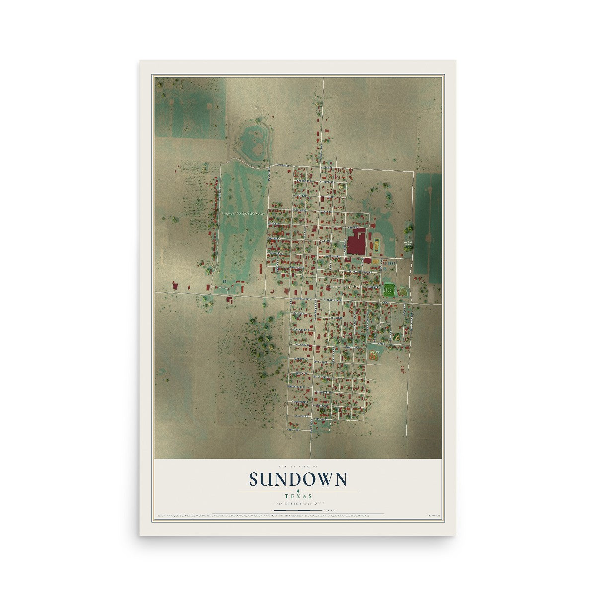 Map of Sundown, Texas, 12 x 18 inch unframed archival matte print