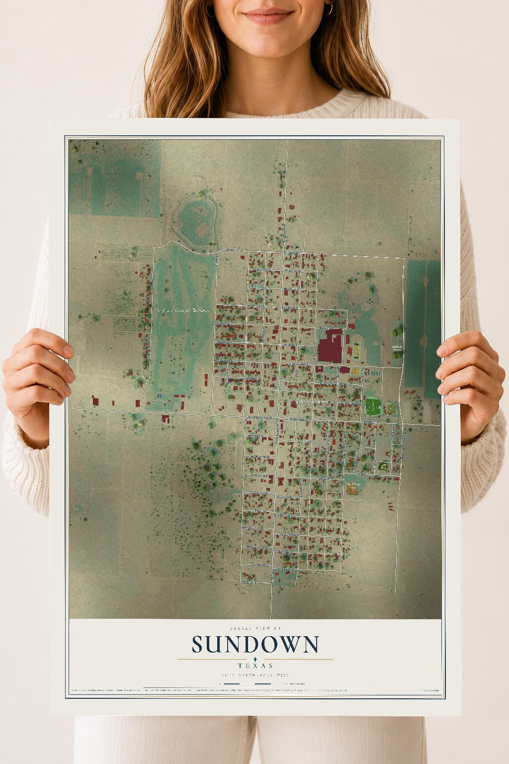 Map of Sundown, Texas, 18 x 24 inch unframed archival matte print