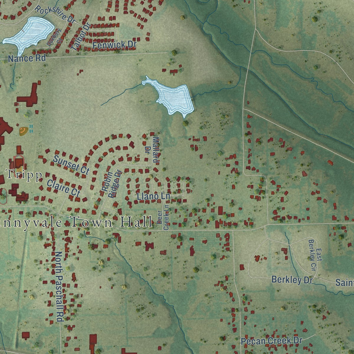 Second close-up of the map of Sunnyvale, Texas print showing more streets and buildings