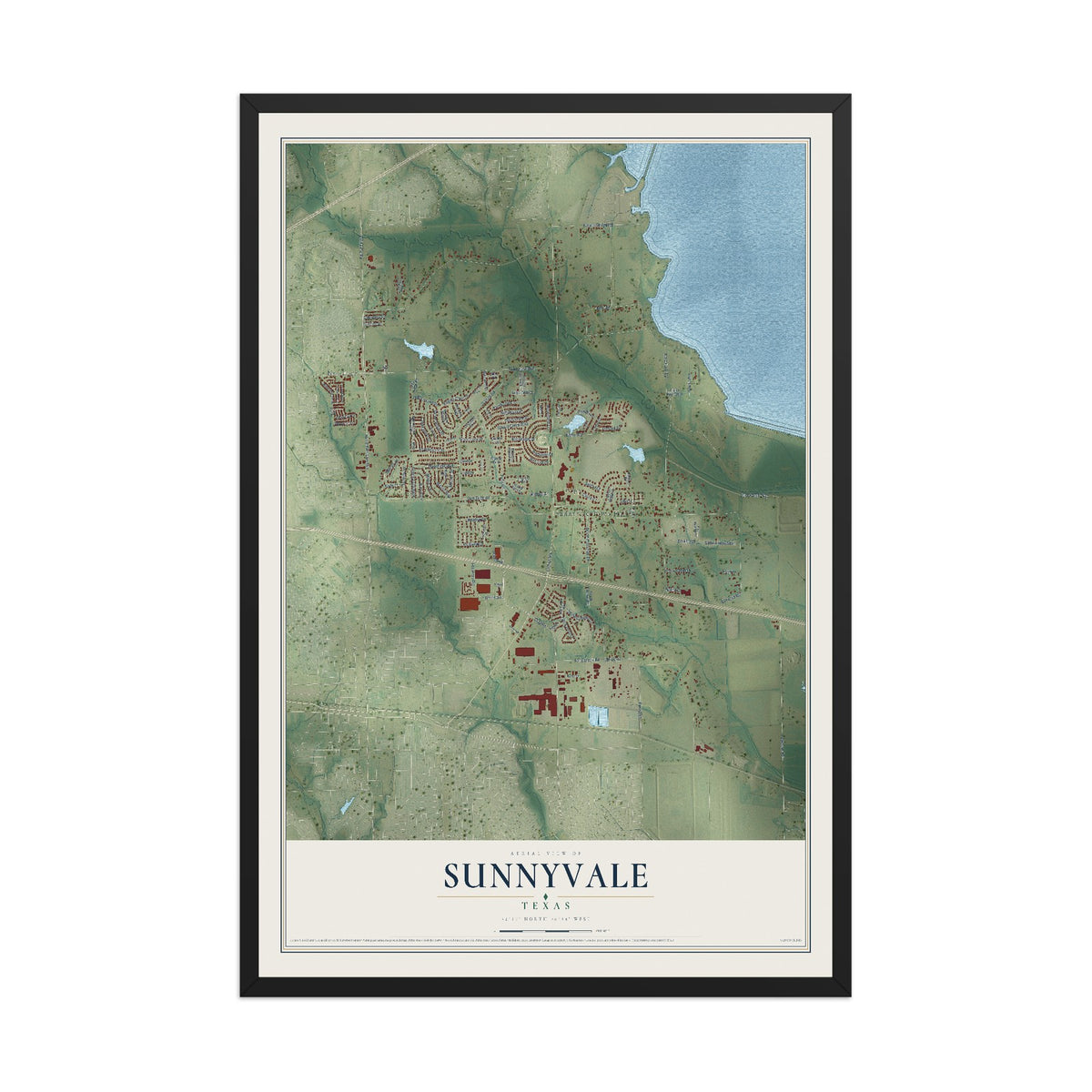 Map of Sunnyvale, Texas, 12 x 18 inch print in a black wood frame