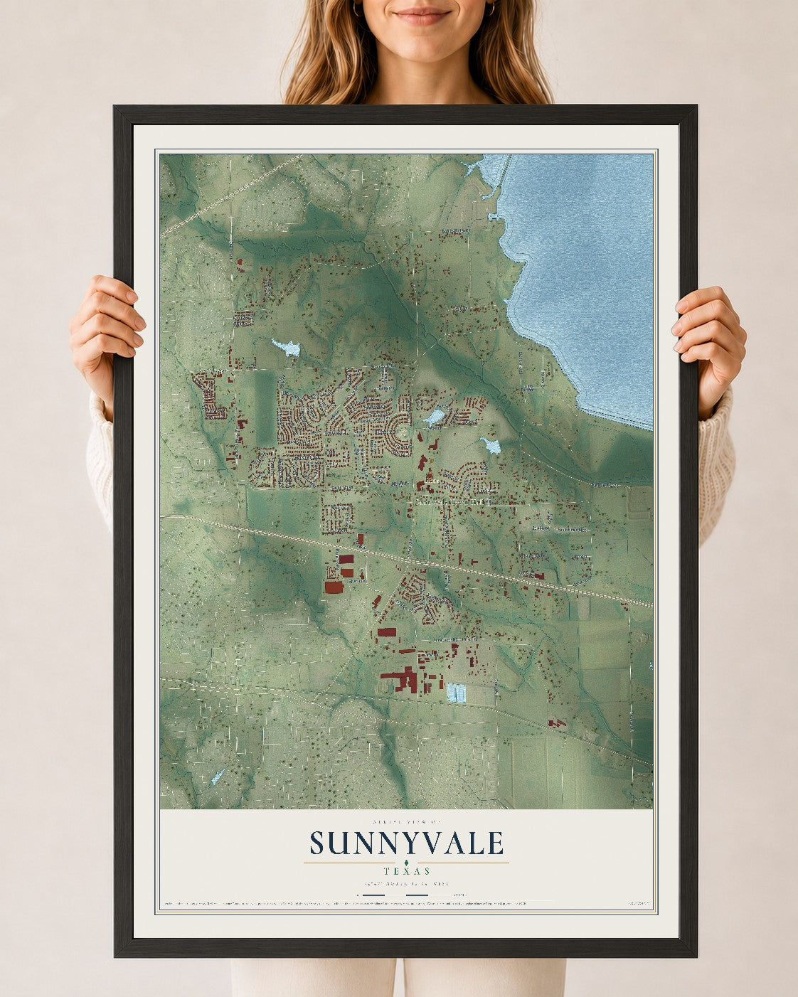 Map of Sunnyvale, Texas, 24 x 36 inch print in a black wood frame