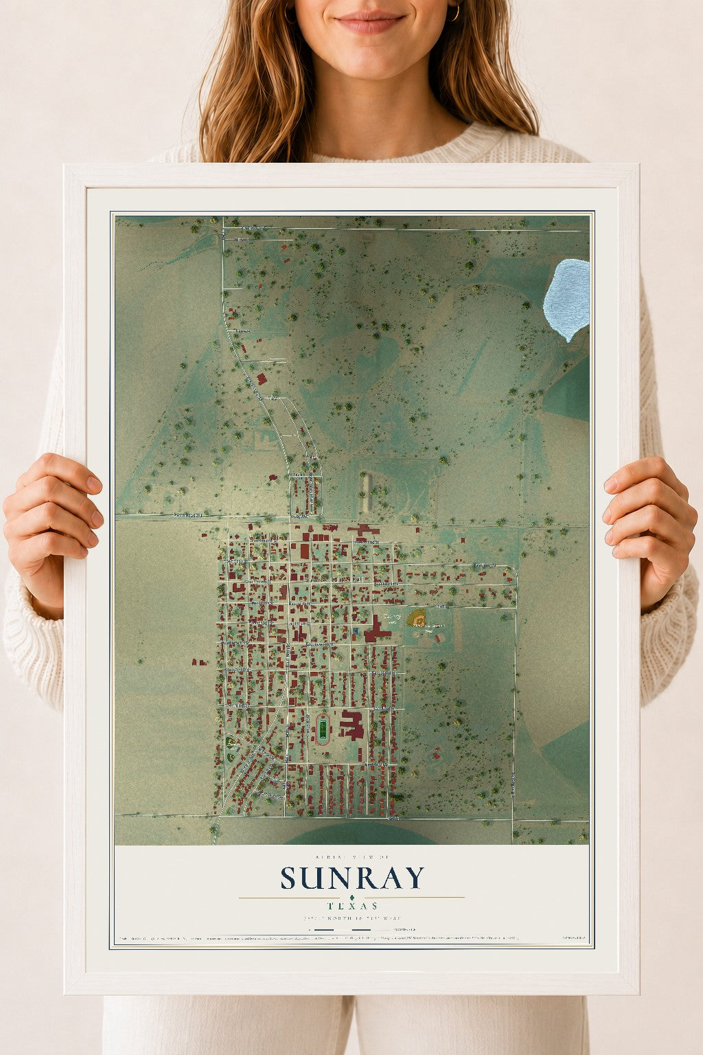 Map of Sunray, Texas, 18 x 24 inch print in a white wood frame
