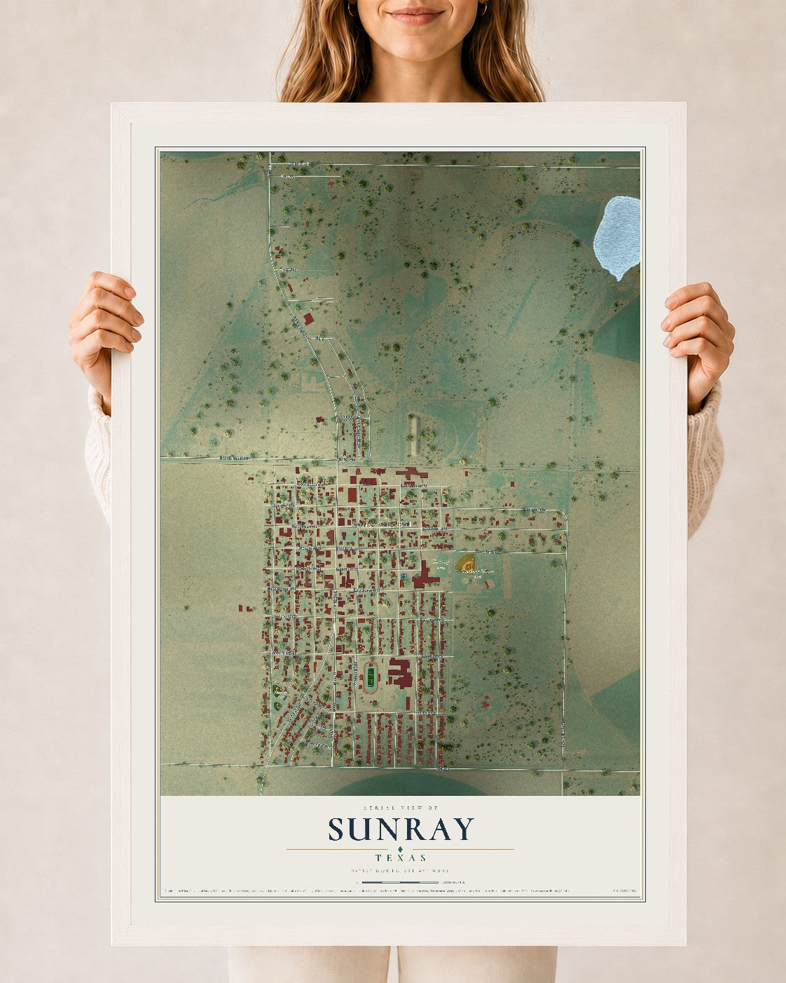 Map of Sunray, Texas, 24 x 36 inch print in a white wood frame