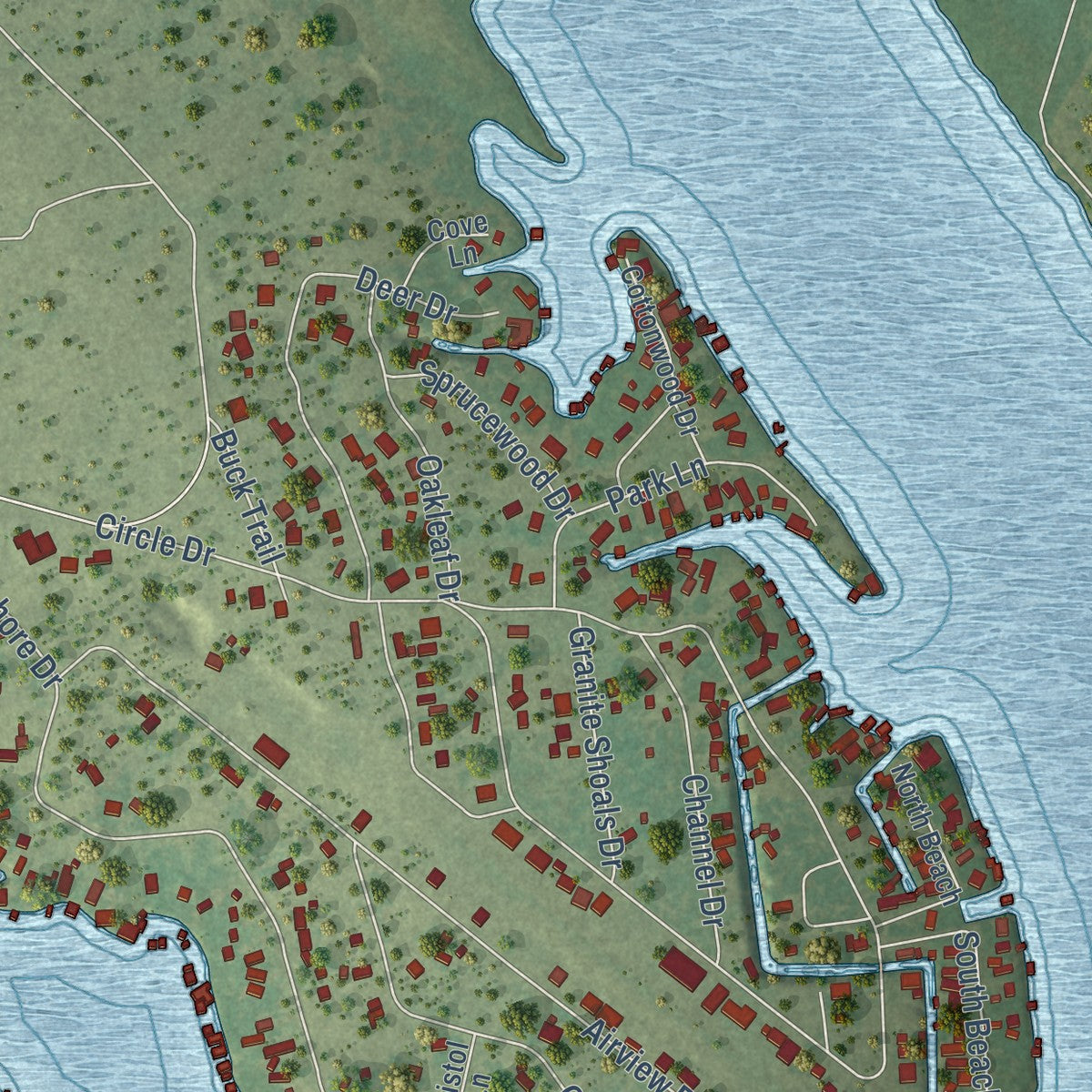 Second close-up of the map of Sunrise Beach Village, Texas print showing more streets and buildings
