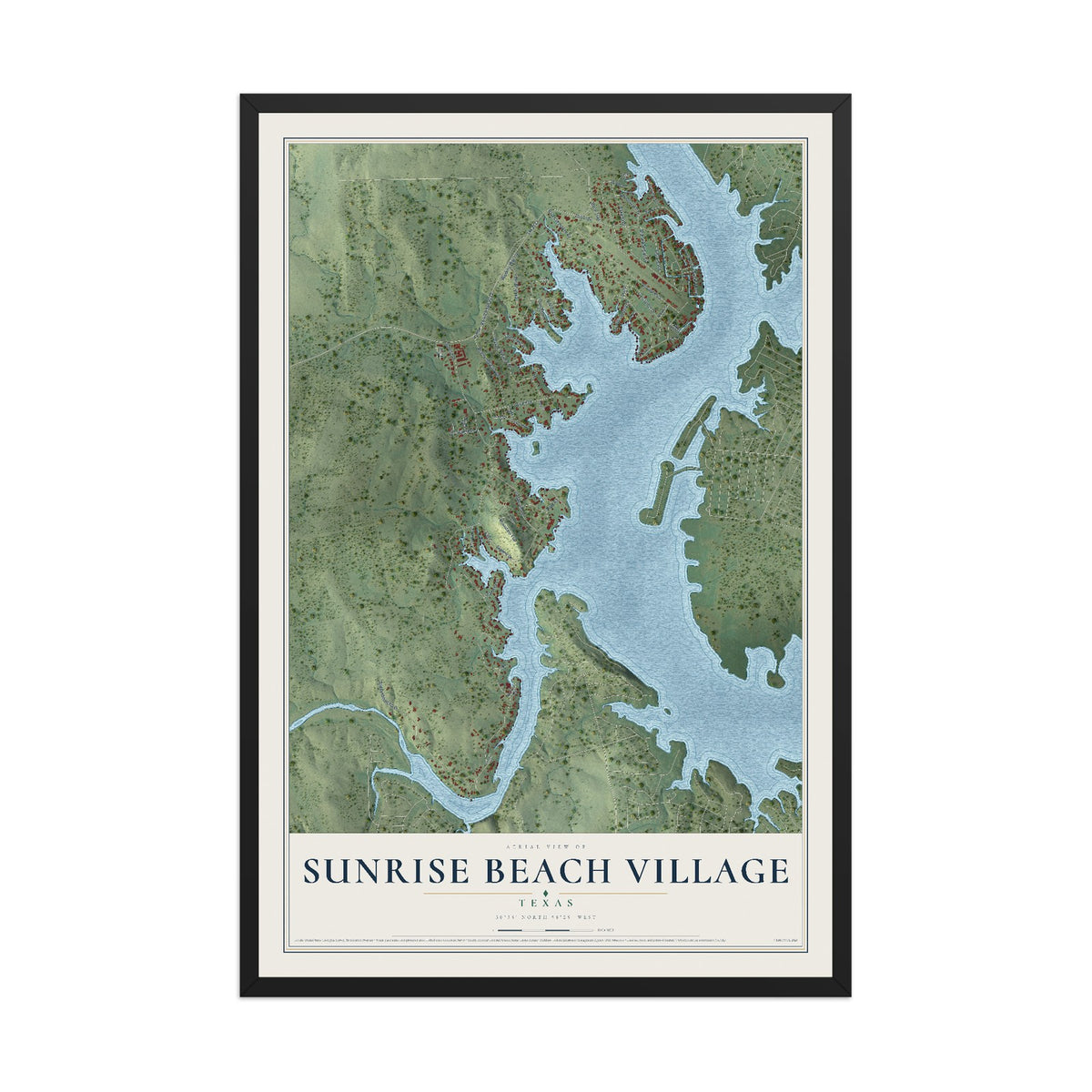 Map of Sunrise Beach Village, Texas, 12 x 18 inch print in a black wood frame