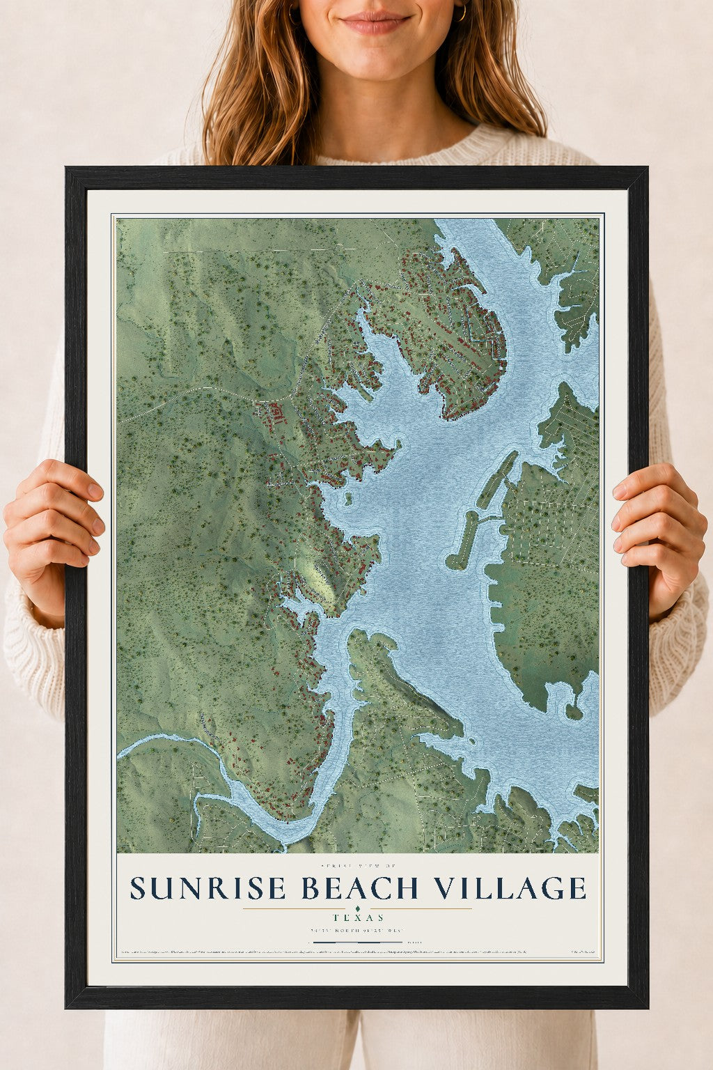 Map of Sunrise Beach Village, Texas, 18 x 24 inch print in a black wood frame