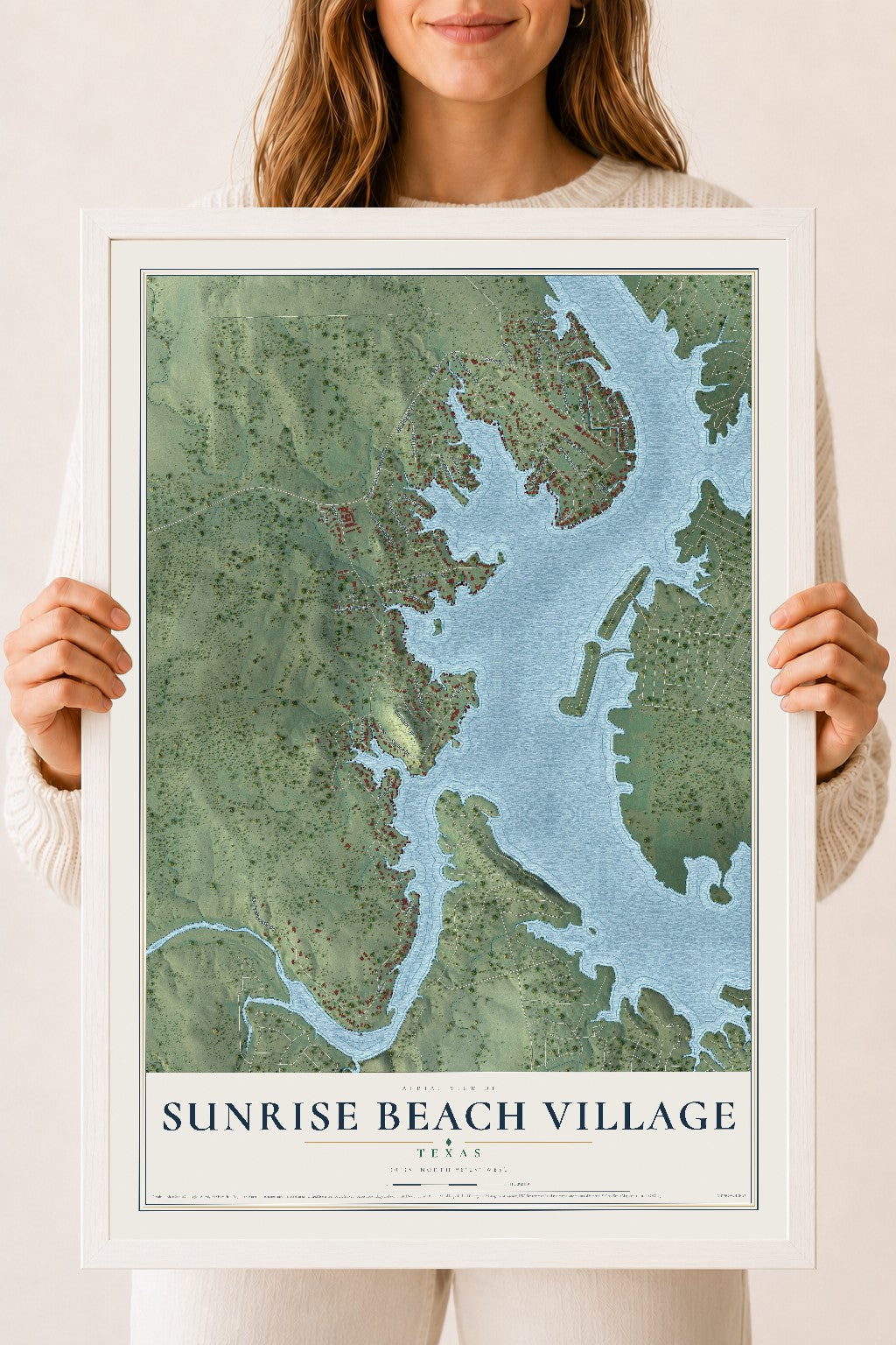 Map of Sunrise Beach Village, Texas, 18 x 24 inch print in a white wood frame