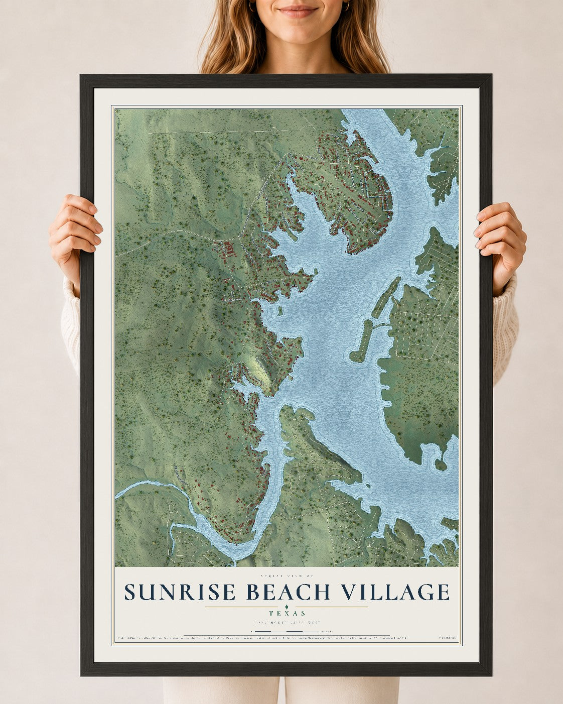 Map of Sunrise Beach Village, Texas, 24 x 36 inch print in a black wood frame