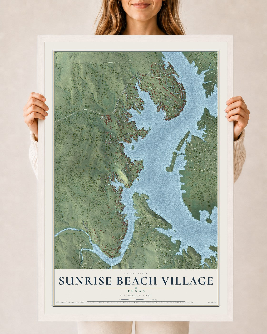 Map of Sunrise Beach Village, Texas, 24 x 36 inch print in a white wood frame