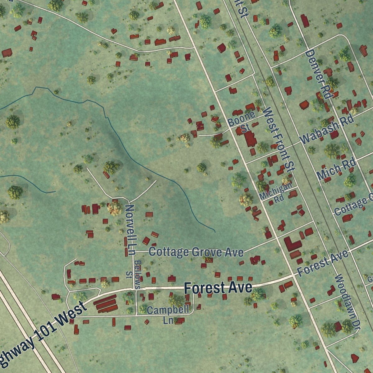 Close-up of the map of Sunset, Montague County, Texas print showing street and building detail