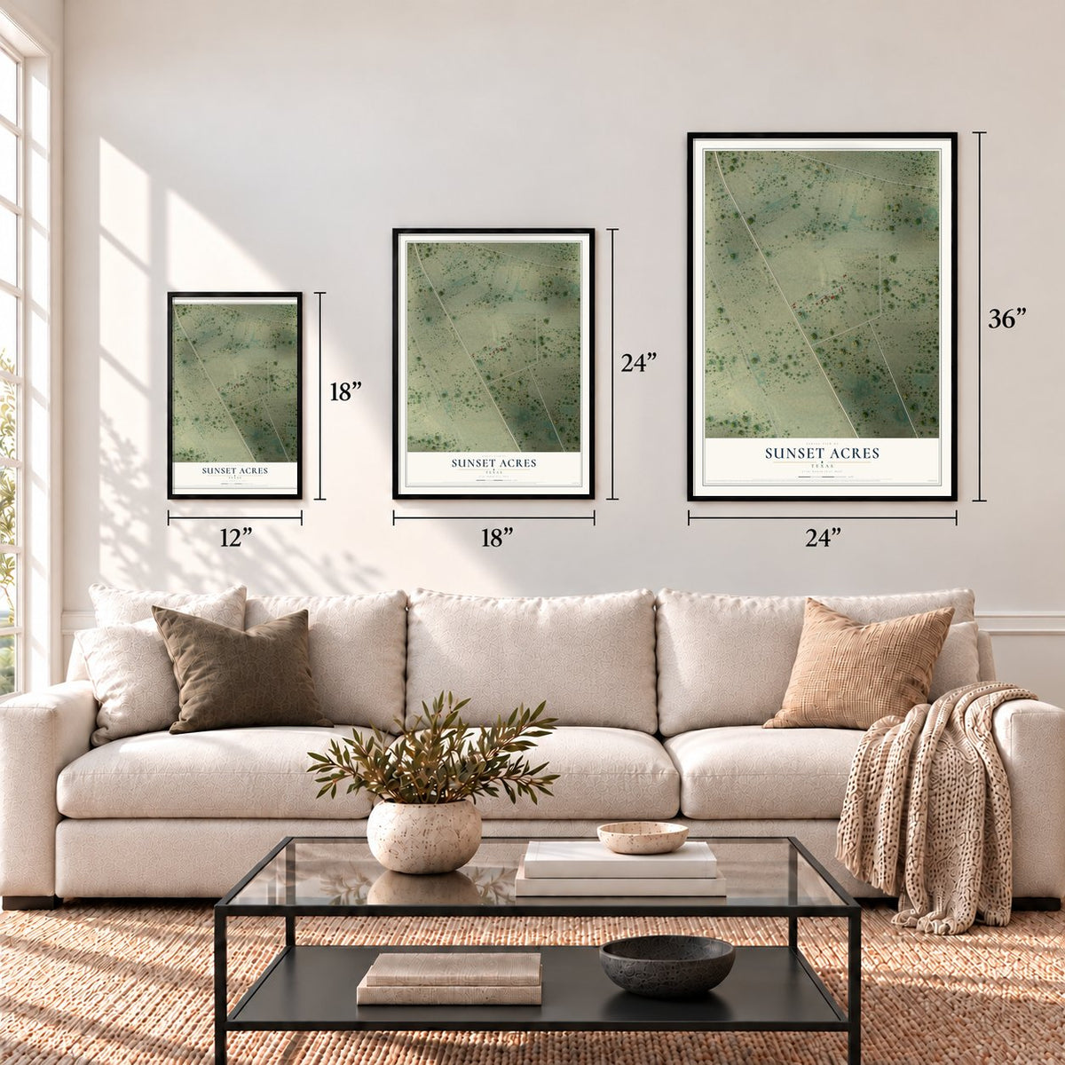 Sunset Acres, Texas map in 12 x 18, 18 x 24 and 24 x 36 inch sizes above a sofa