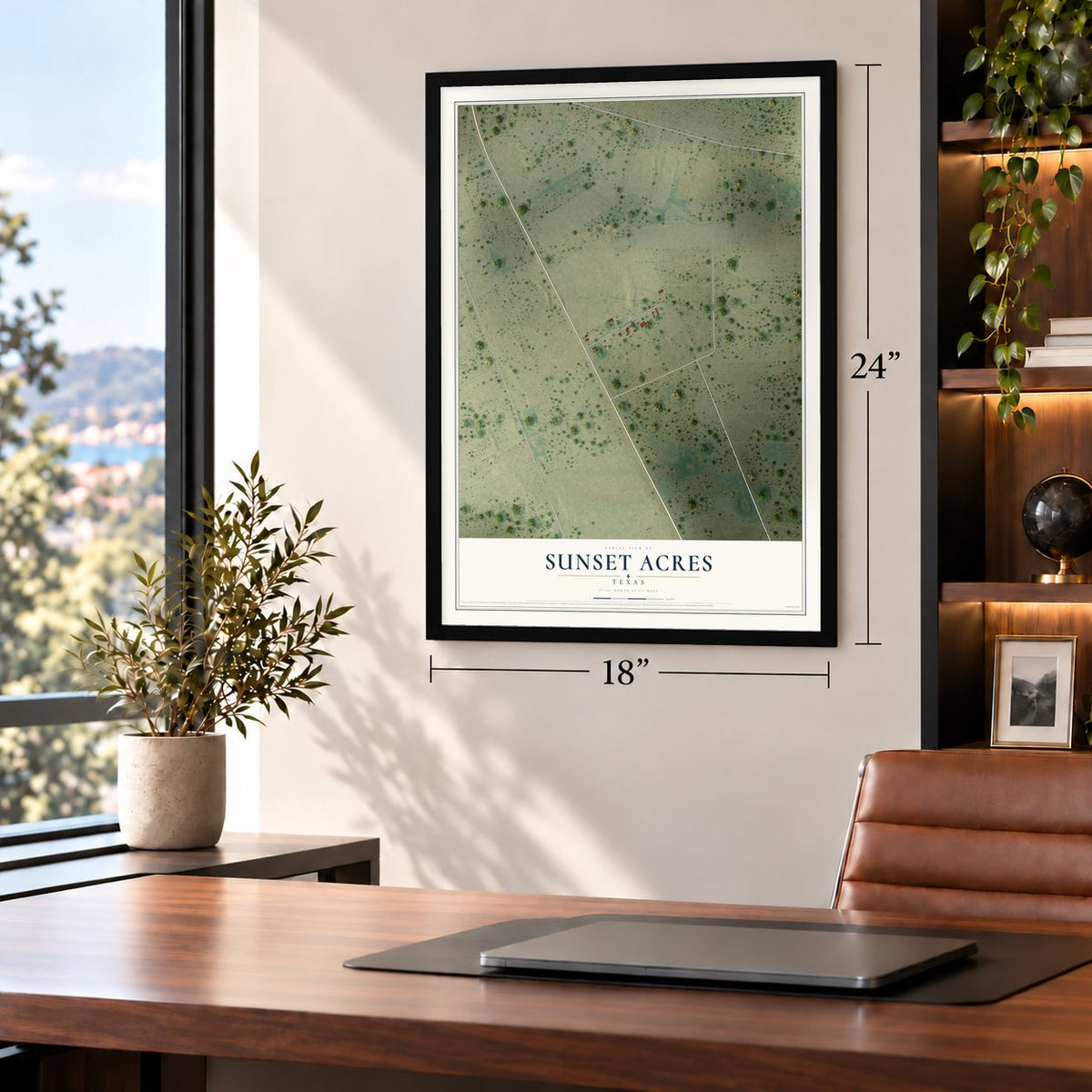 Sunset Acres, Texas map, 18 x 24 inch print in a black frame in a home office