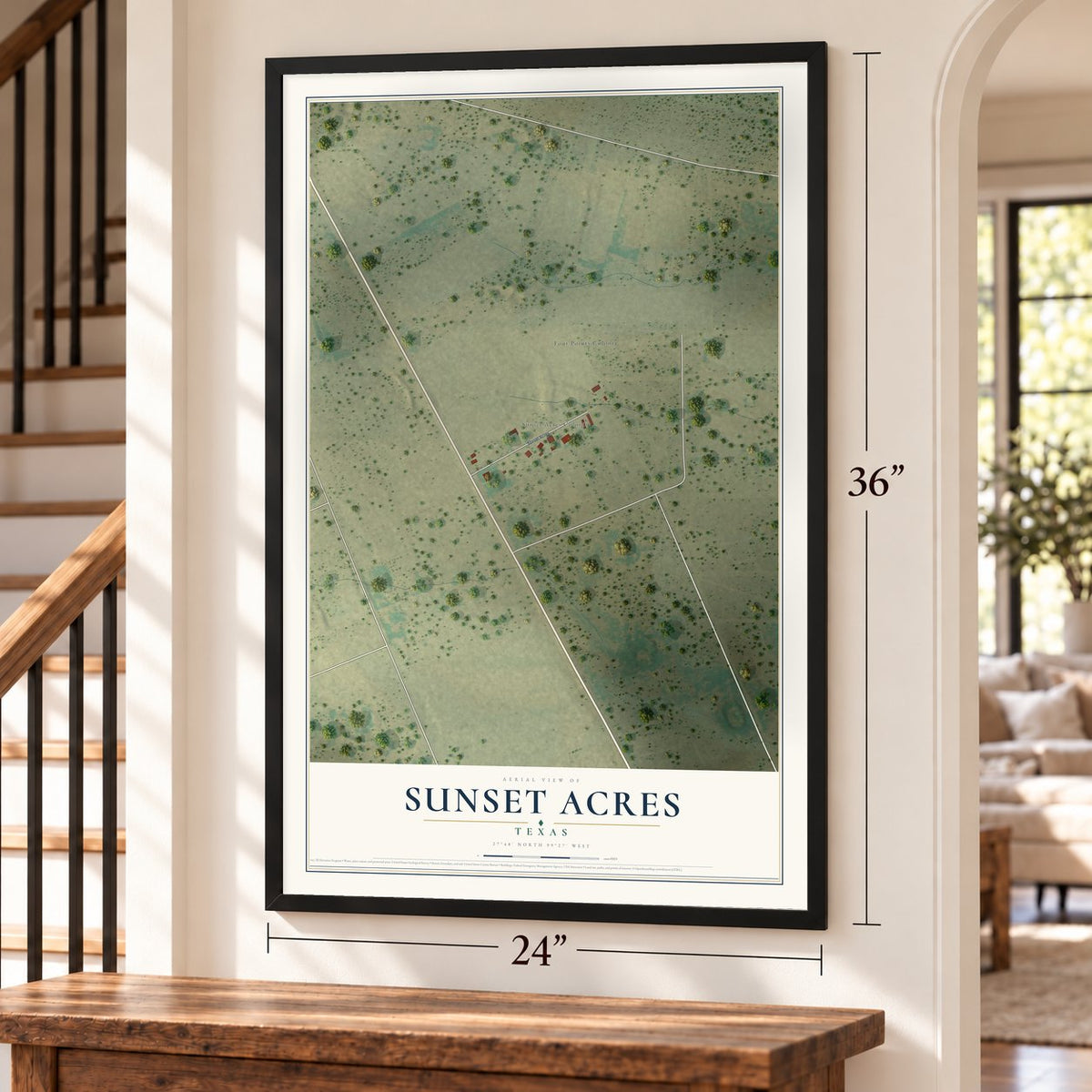Sunset Acres, Texas map, 24 x 36 inch print in a black frame by a staircase