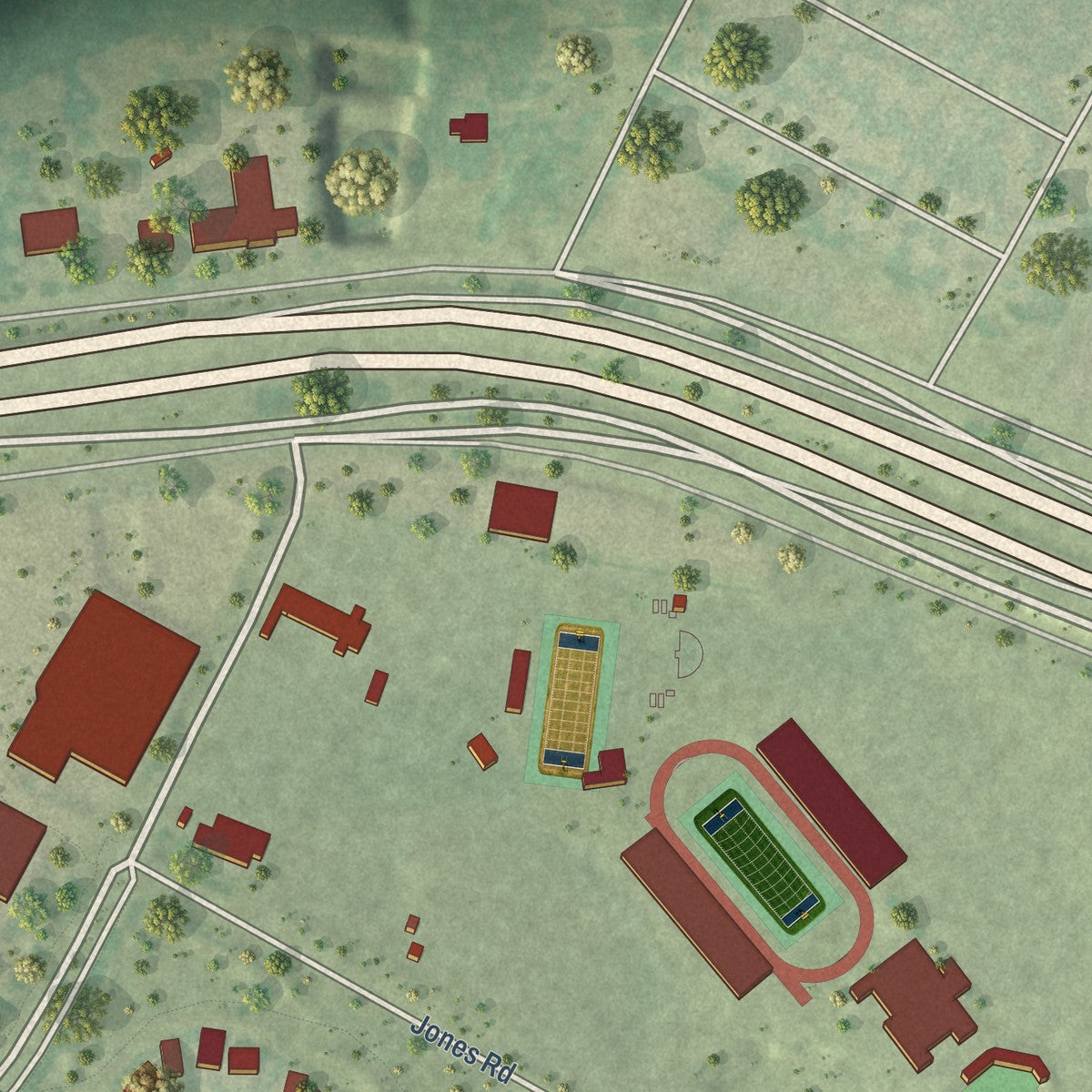 Close-up of the map of Sunset Valley, Texas print showing street and building detail