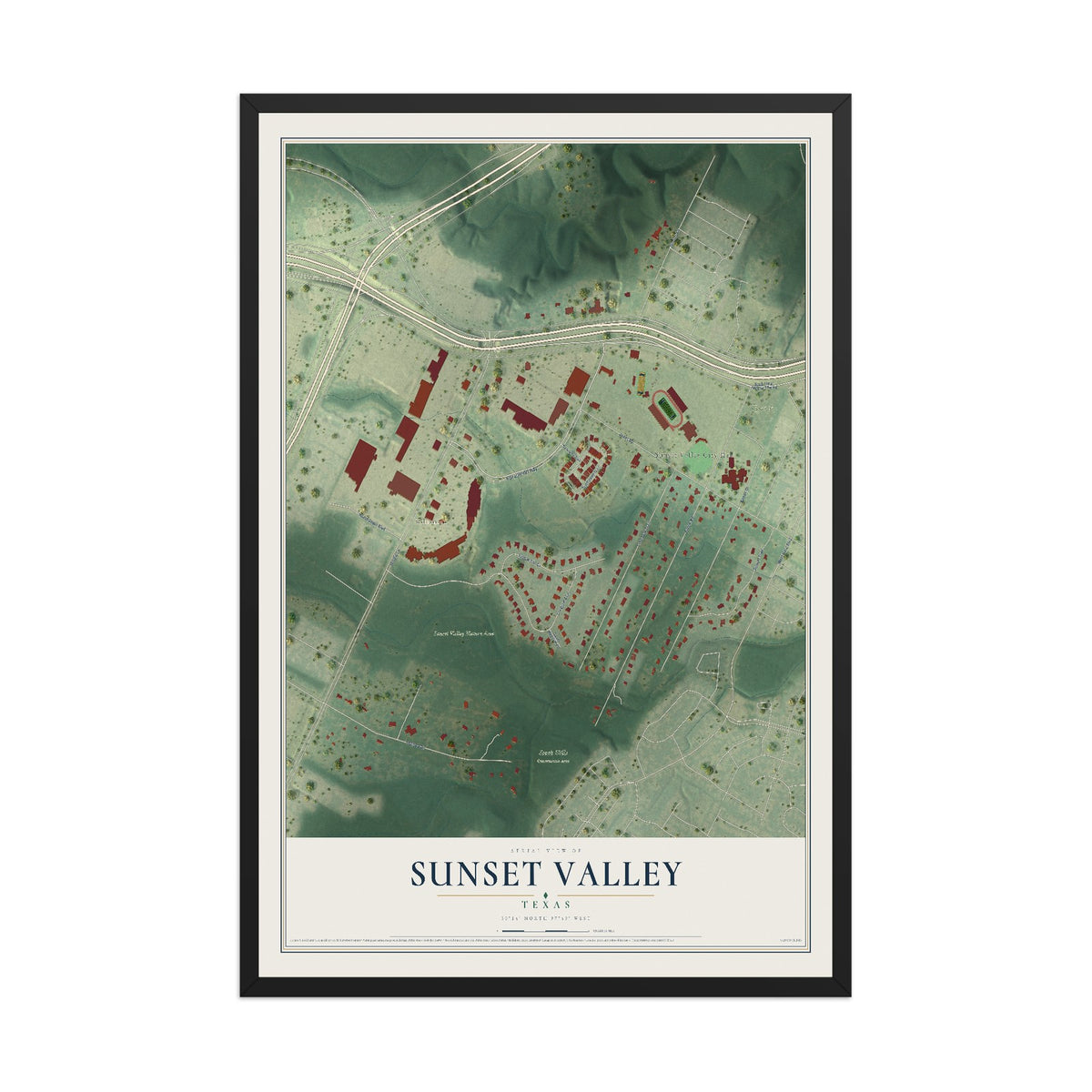 Map of Sunset Valley, Texas, 12 x 18 inch print in a black wood frame