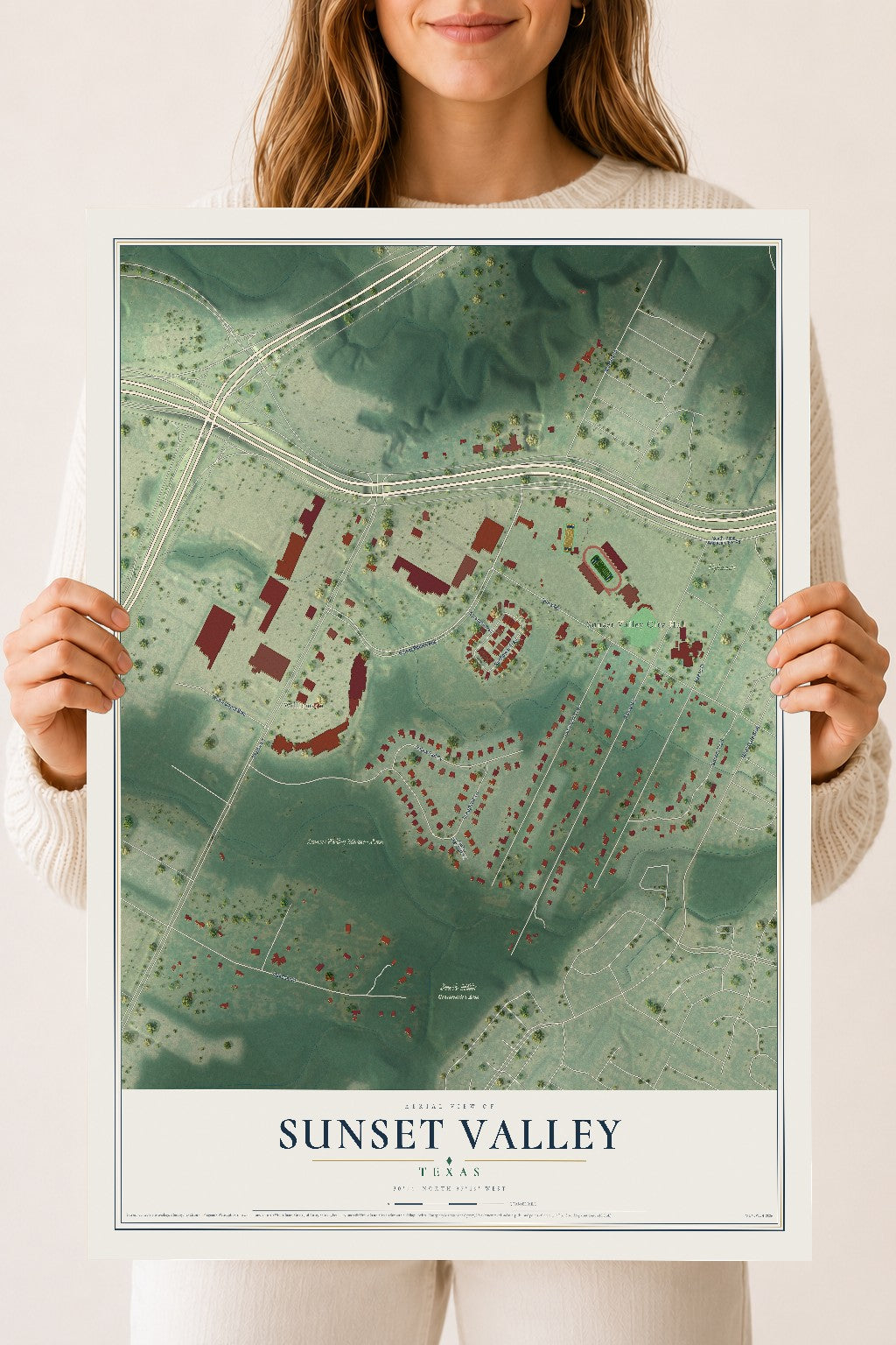 Map of Sunset Valley, Texas, 18 x 24 inch unframed archival matte print
