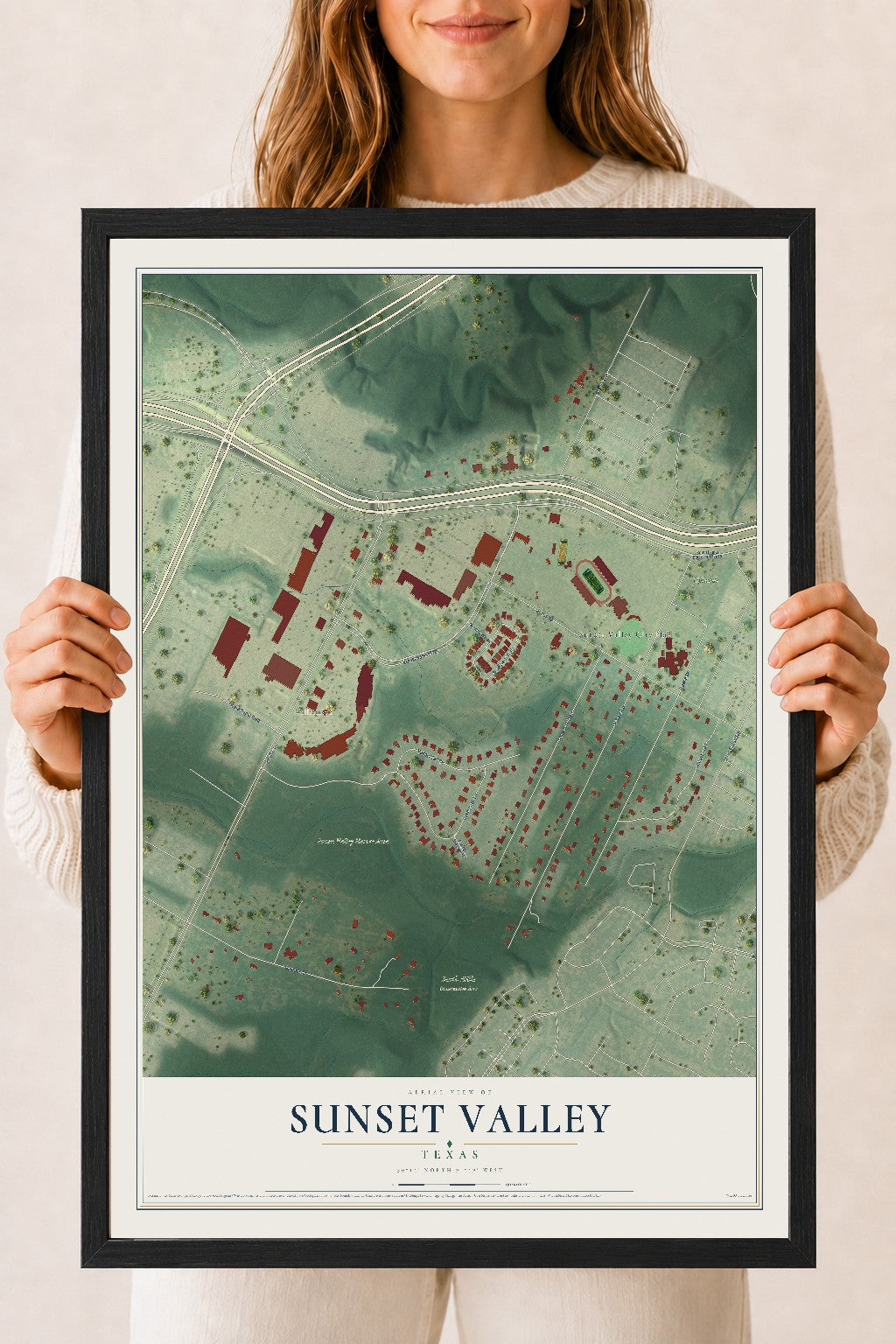 Map of Sunset Valley, Texas, 18 x 24 inch print in a black wood frame