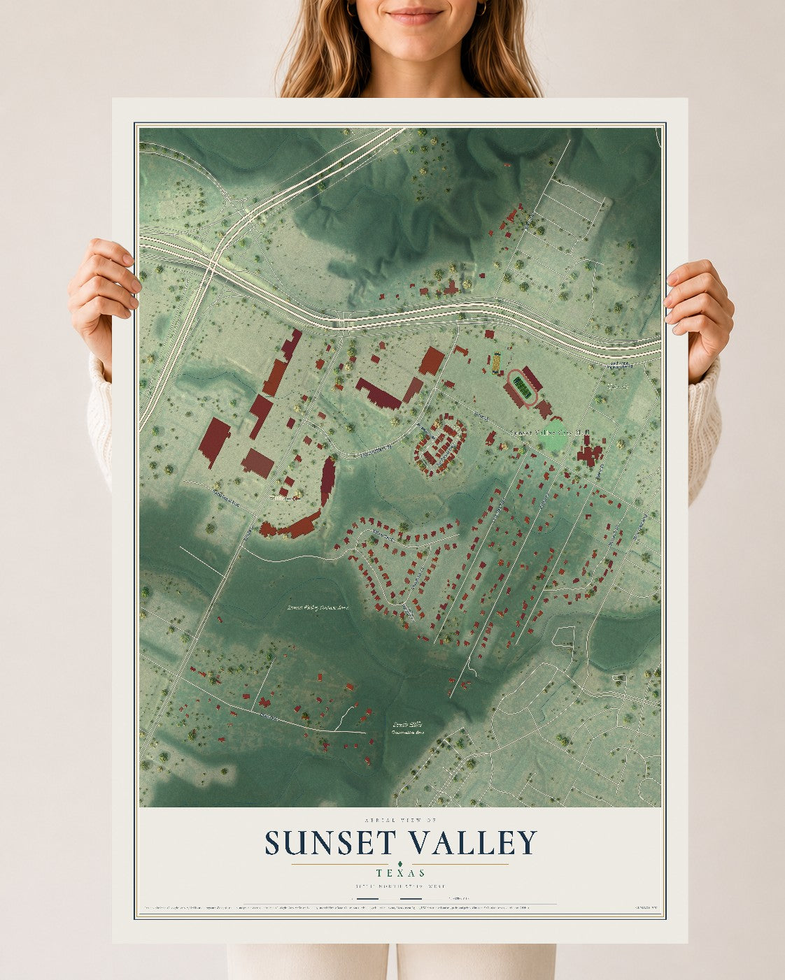 Map of Sunset Valley, Texas, 24 x 36 inch unframed archival matte print
