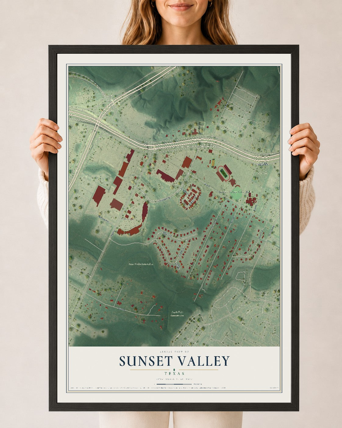 Map of Sunset Valley, Texas, 24 x 36 inch print in a black wood frame
